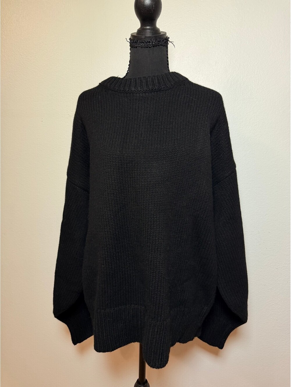 Black Mock Neck Knit Sweater M Cotton Wool Blend Cozy